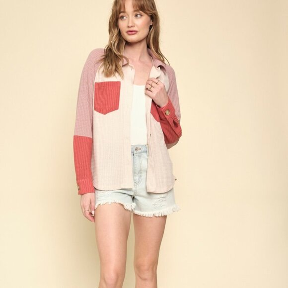 MYSTREE Colorblock Button Down Shirt , Waffle Knit Button Down Top, Pink Blush - Picture 7 of 8